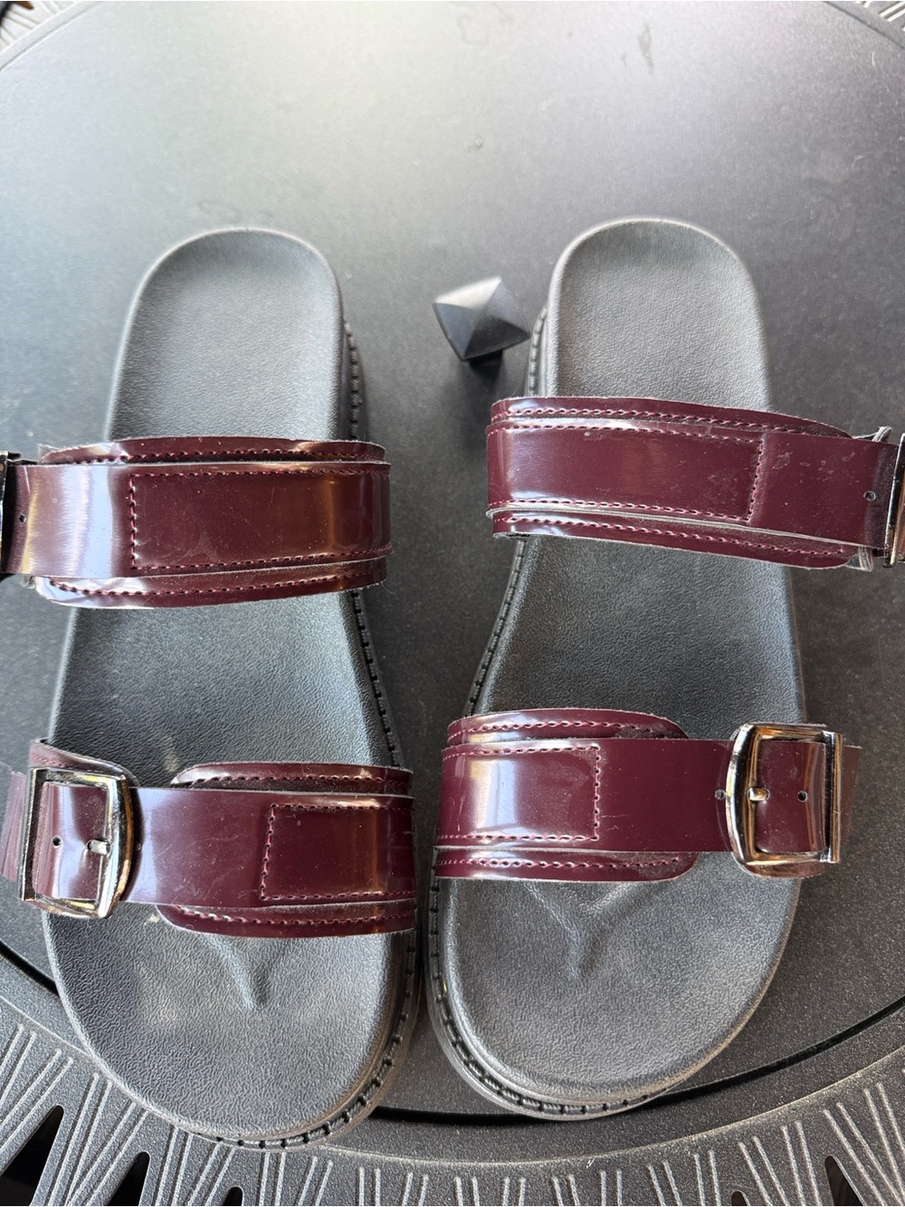 Patent Burgundy Double-Buckle Platform Sandals